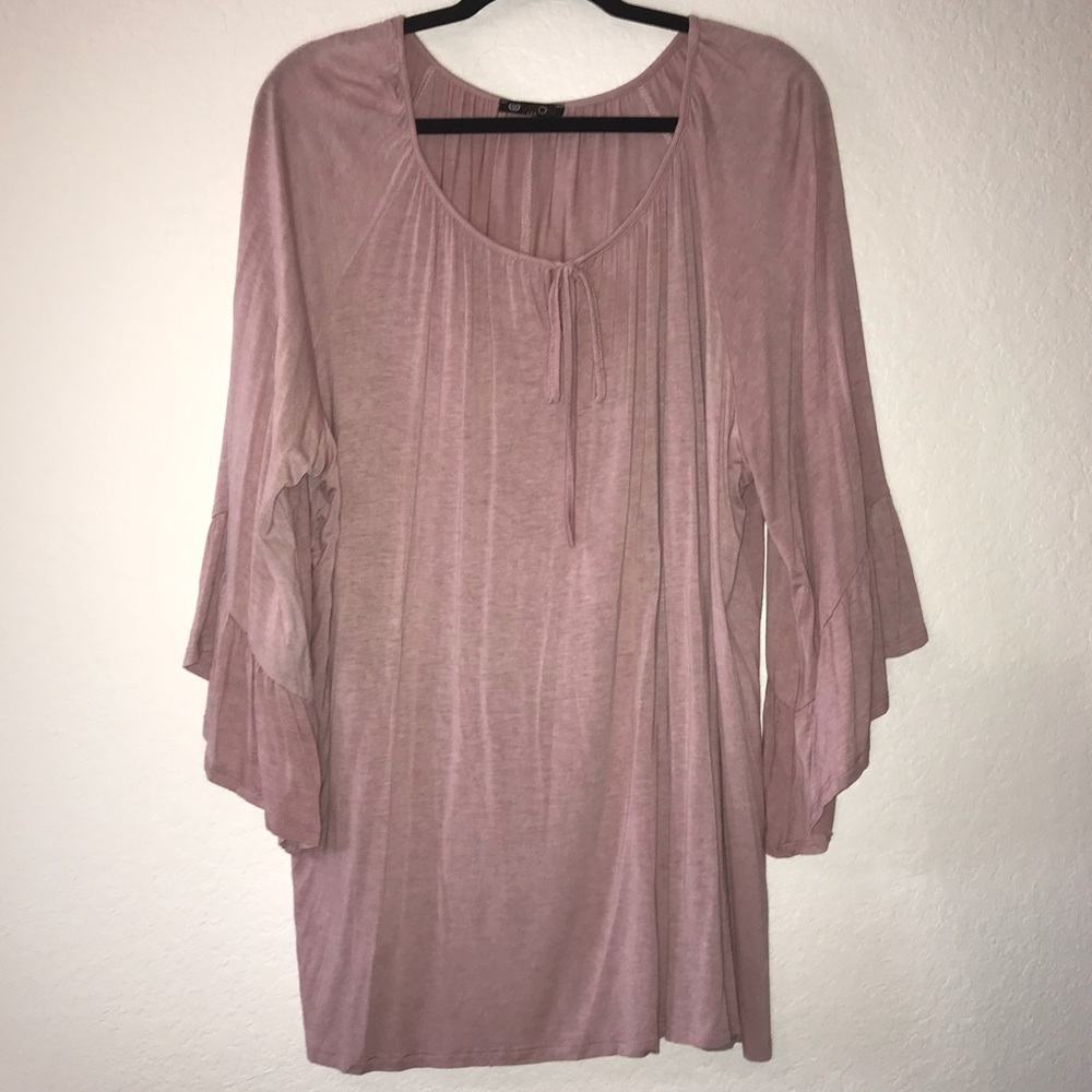 Vision USA Top Rose Pink Bell Sleeve Blouse Sz 2X EUC Local Boutique Keyhole Tie